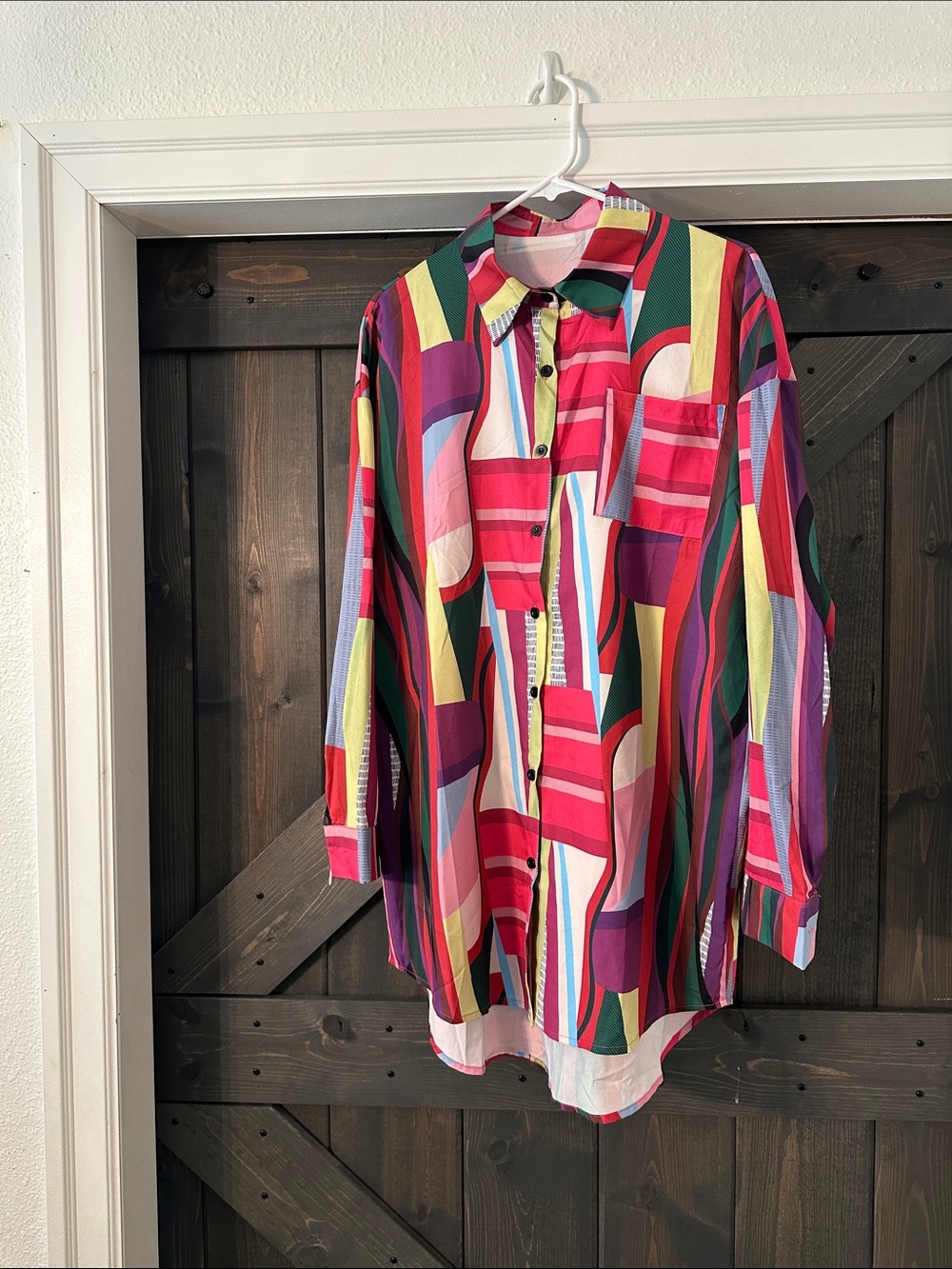 SHEIN Multi-Color Abstract Button-Up Blouse (Pink, Red, Green, Purple, Yellow)
